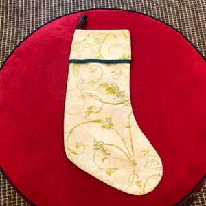 Vintage Green and Natural Fortuny Style Fabric Holiday Stocking.